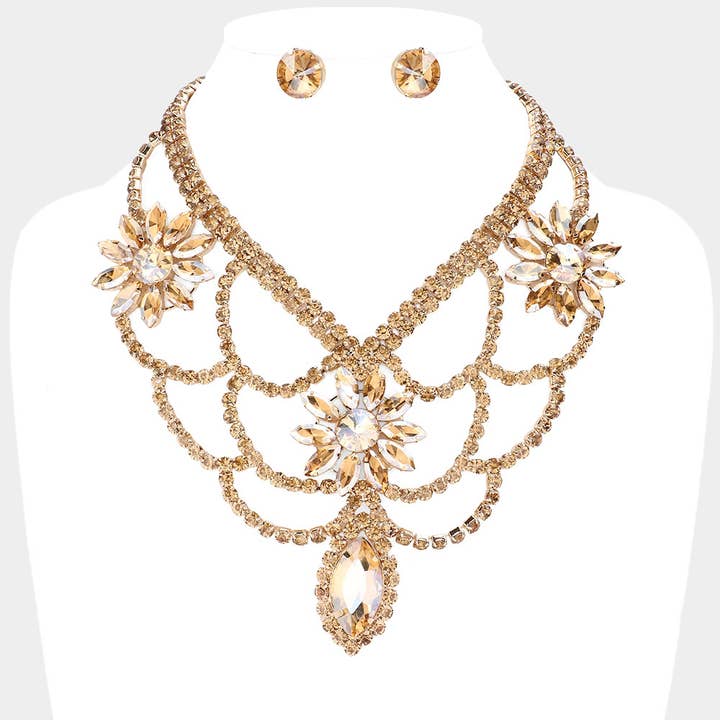Sensibling Corp. - Wholesale Jewelry Set - Floral Marquise Stone Accented Draped Evening Necklace1