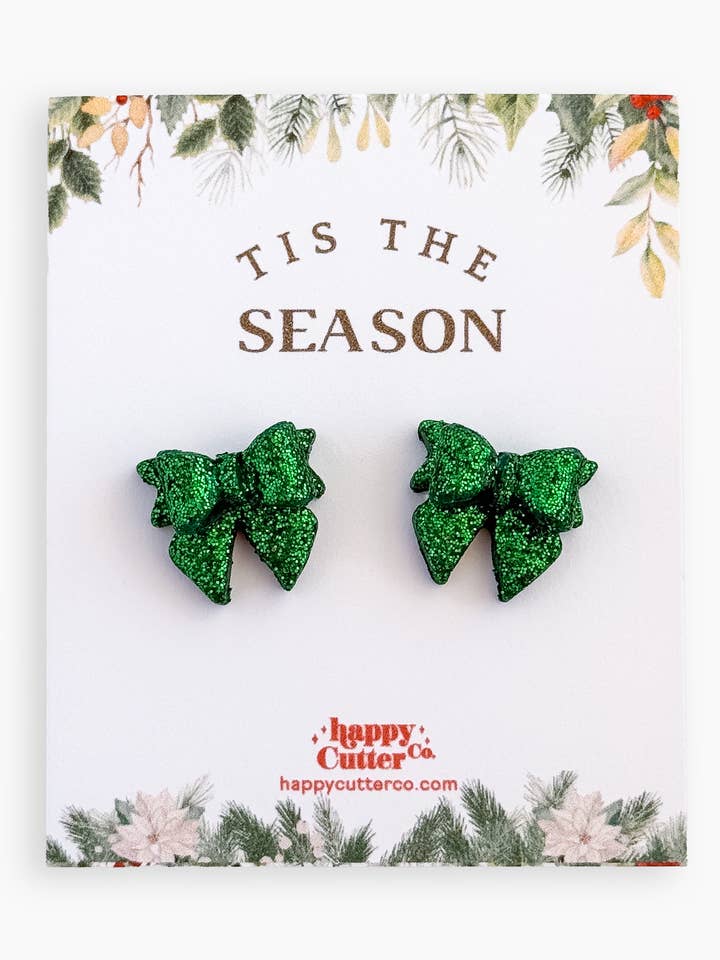 Christmas Studs - Green Glitter Bow Holiday Stud Earrings for wholesale by Happy Cutter Co