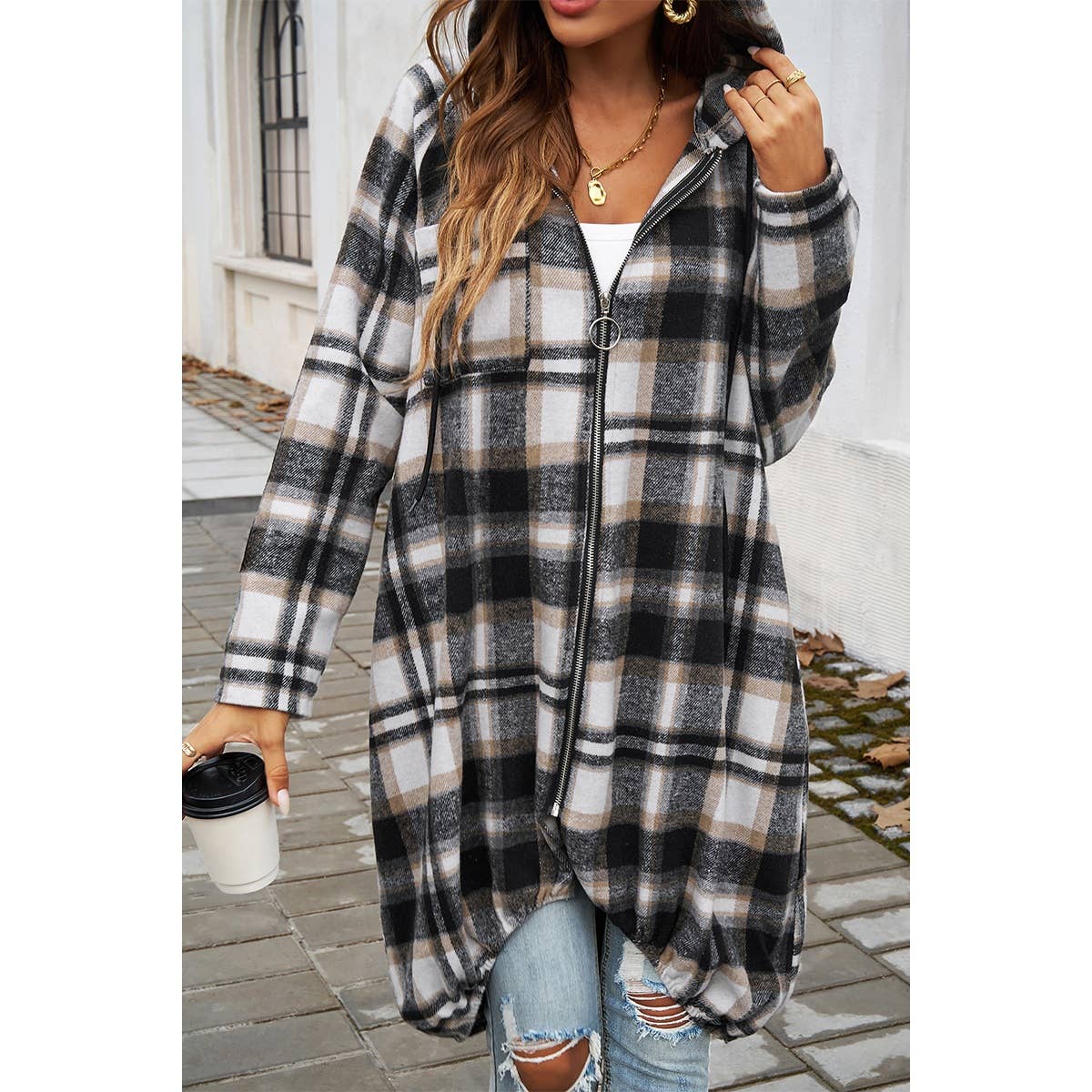 Supreme Fashion - Wholesale Coat - Women's - Plaid Zip Up Pockets Long Hooded Coat1