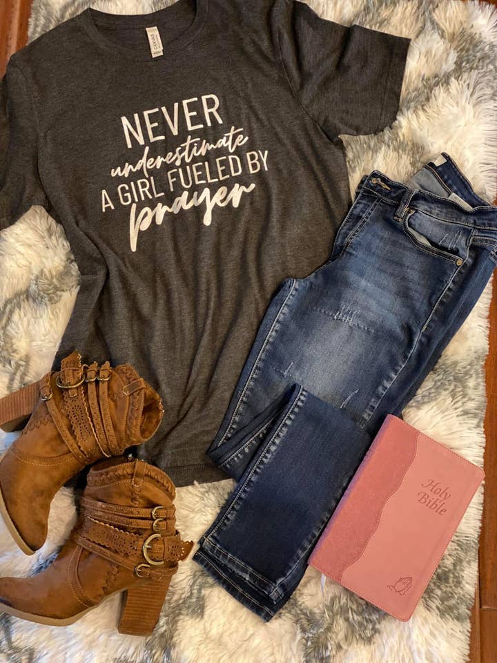 Never underestimate a girl fueled by Prayer Religious Tee for wholesale by Two Kinds Of Krazy