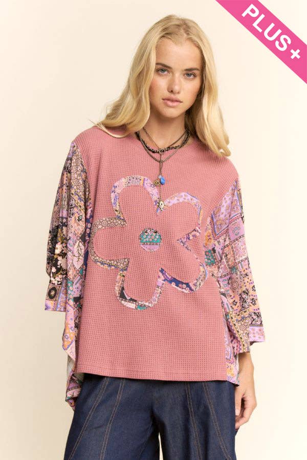 Davi & Dani - Wholesale Knit Top - Women's - PLUS BOHO PATCHWORK KNIT TOP WITH FLOWER1