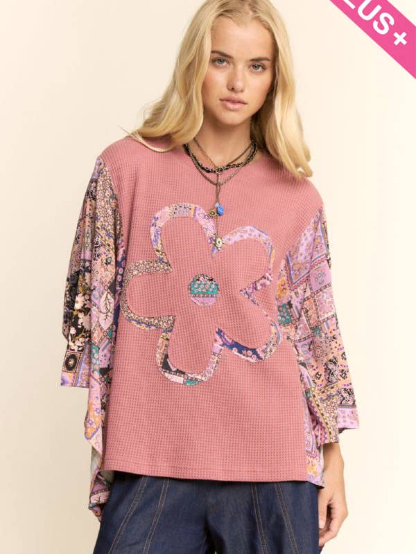 Davi & Dani - Wholesale Knit Top - Women's - PLUS BOHO PATCHWORK KNIT TOP WITH FLOWER1