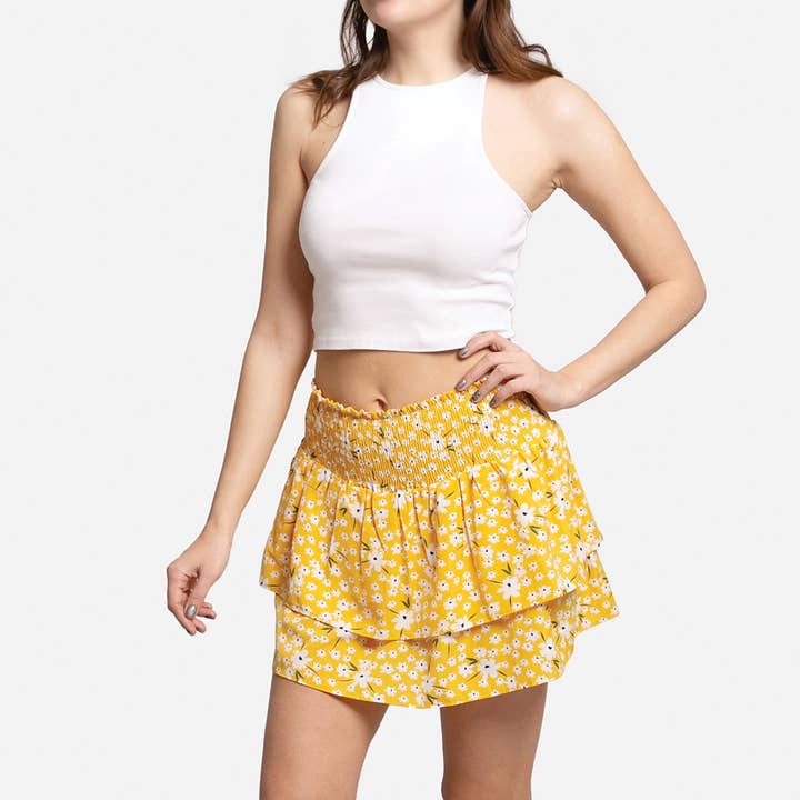 Daisy Mønster Ruffle Tiered Mini Nederdel for engroshandel hos Fashion City