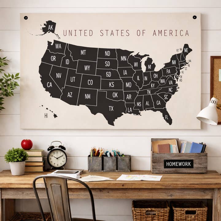 Boho Style USA Map on Natural Canvas with Grommets for wholesale by Red Barn Canvas