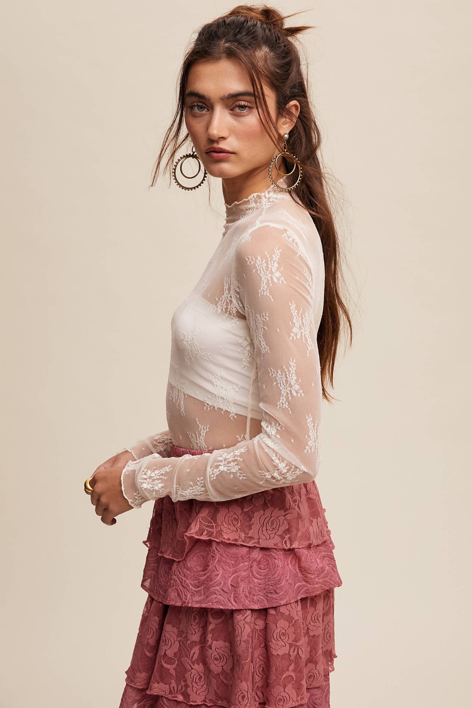 Listicle - Wholesale Blouse - Women's - Sheer Lace Long-Sleeve Top64