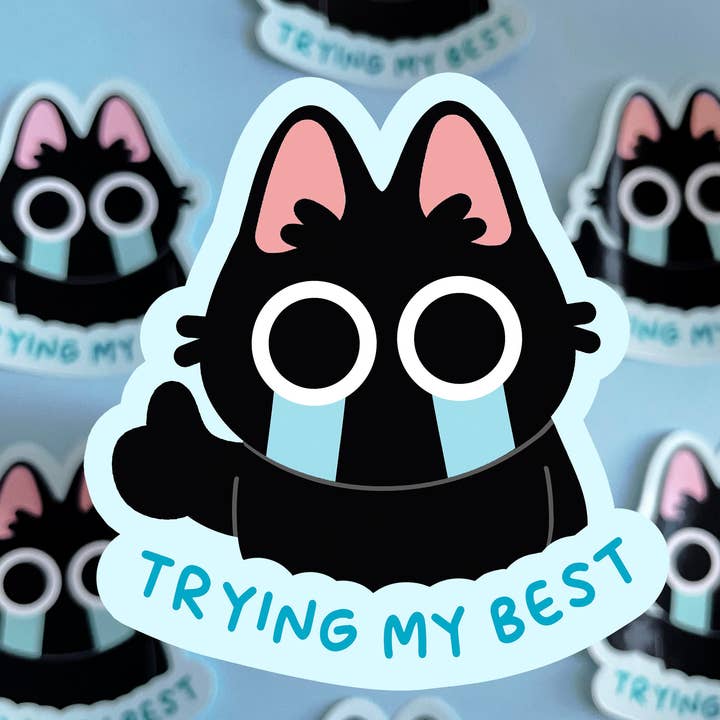 Trying My Best: Vinyl Stickers, Black Cat Funny Mood for wholesale by Ouri Studio