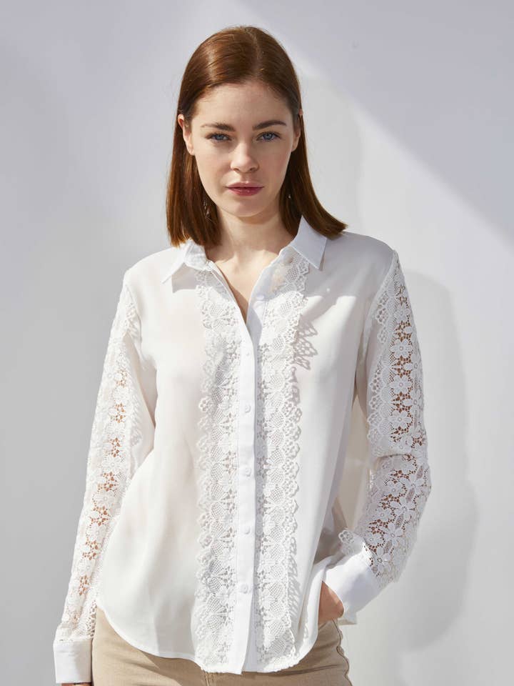 ELLI WHITE - Wholesale Button Down Shirt - Women's - Shirt with lace insert0
