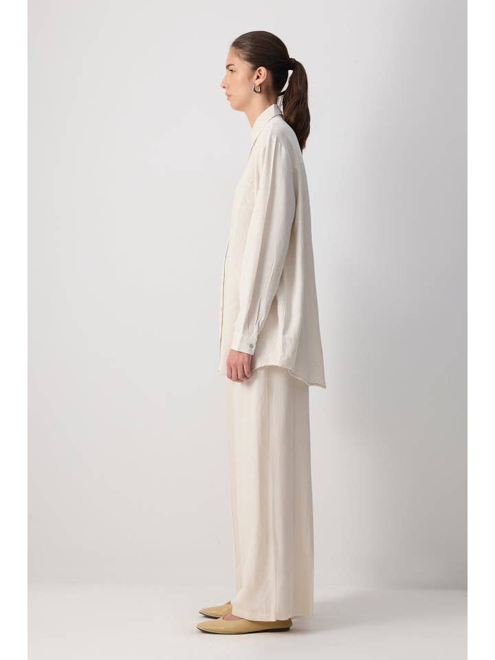 Naturel Embroidered Linen-Blend Longline Shirt – Natural Tone for wholesale on Faire2