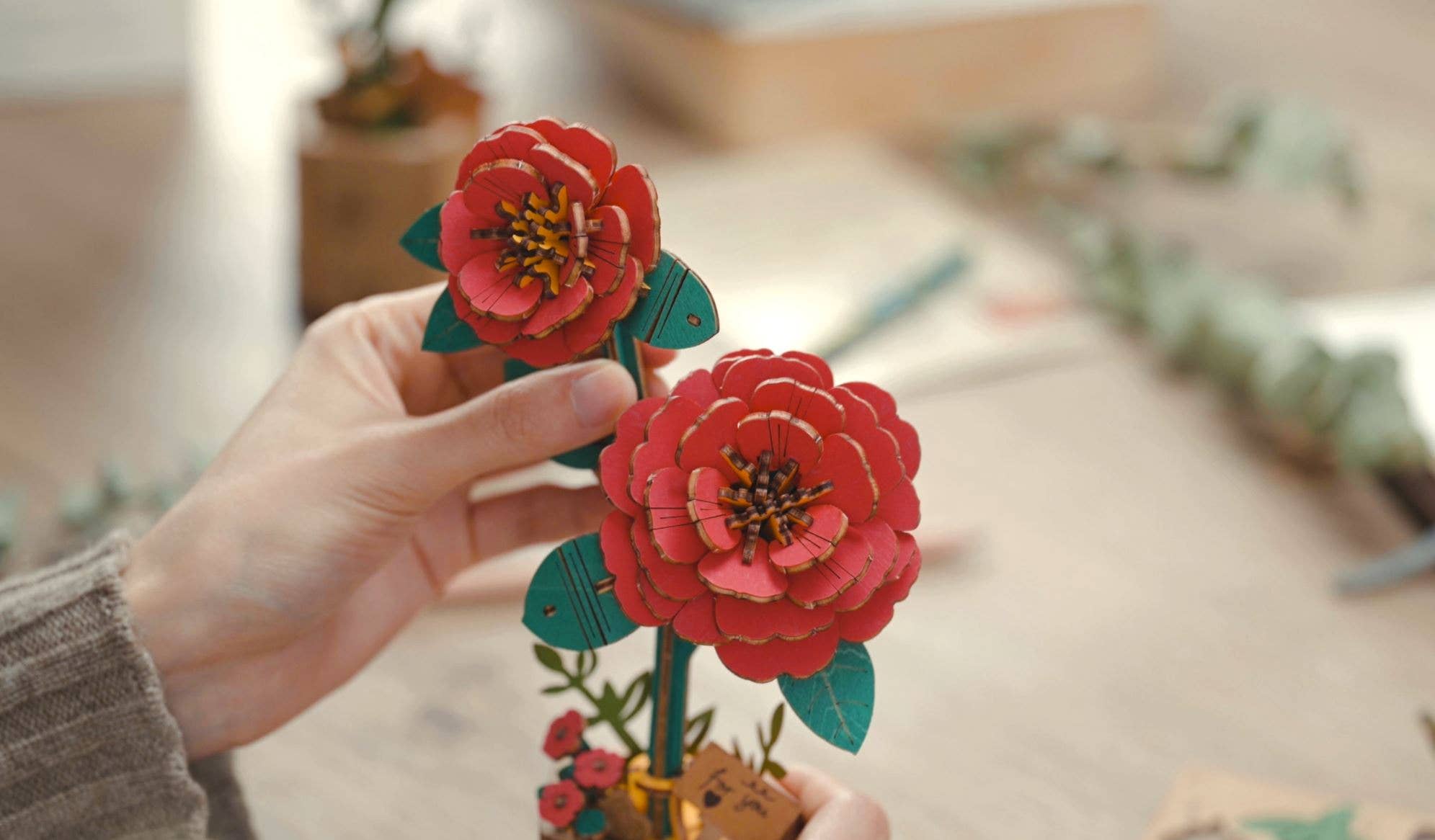 Hands Craft - Wholesale Puzzle - Kids - 3D Wooden Flower Puzzle: Red Camellia4
