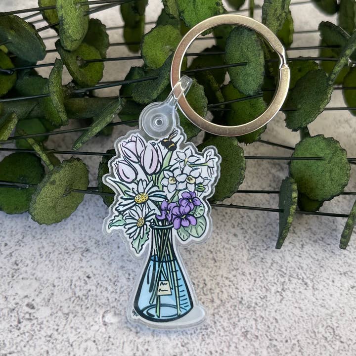 Science Keychain, Pink and White Floral Keychain, 2” x 1.5” for wholesale by Everyday H2O
