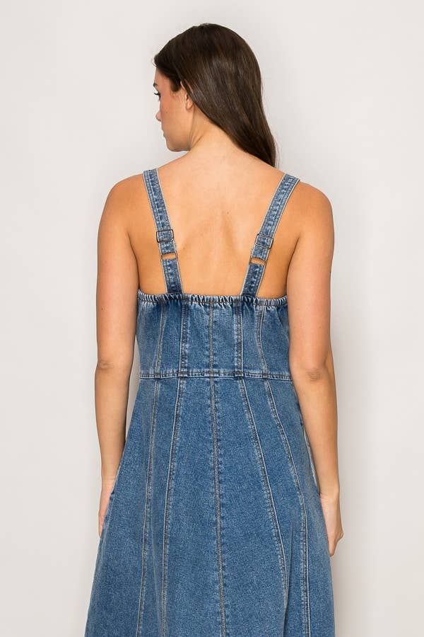 C7034 - FRONT ZIPPER HALTER NECK DENIM DRESS for wholesale on Faire6