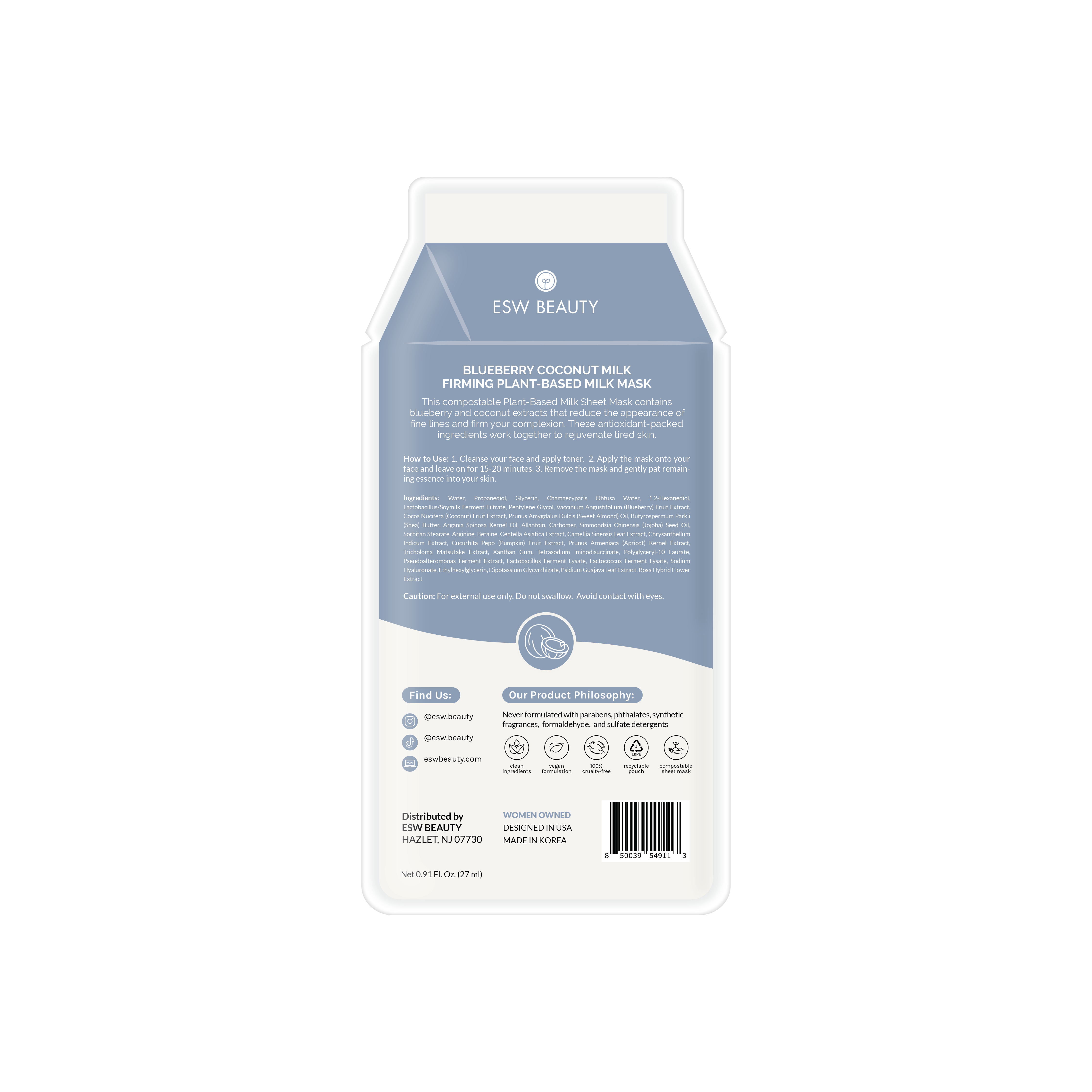 ESW Beauty - Wholesale Skincare Face Mask - Blueberry Coconut Milk Firming Plant-Based Milk Sheet Mask8