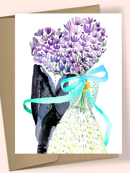 PURPLE FLORAL HEART COUPLE WATERCOLOR GREETING CARD for wholesale by Studio Masha D'yans