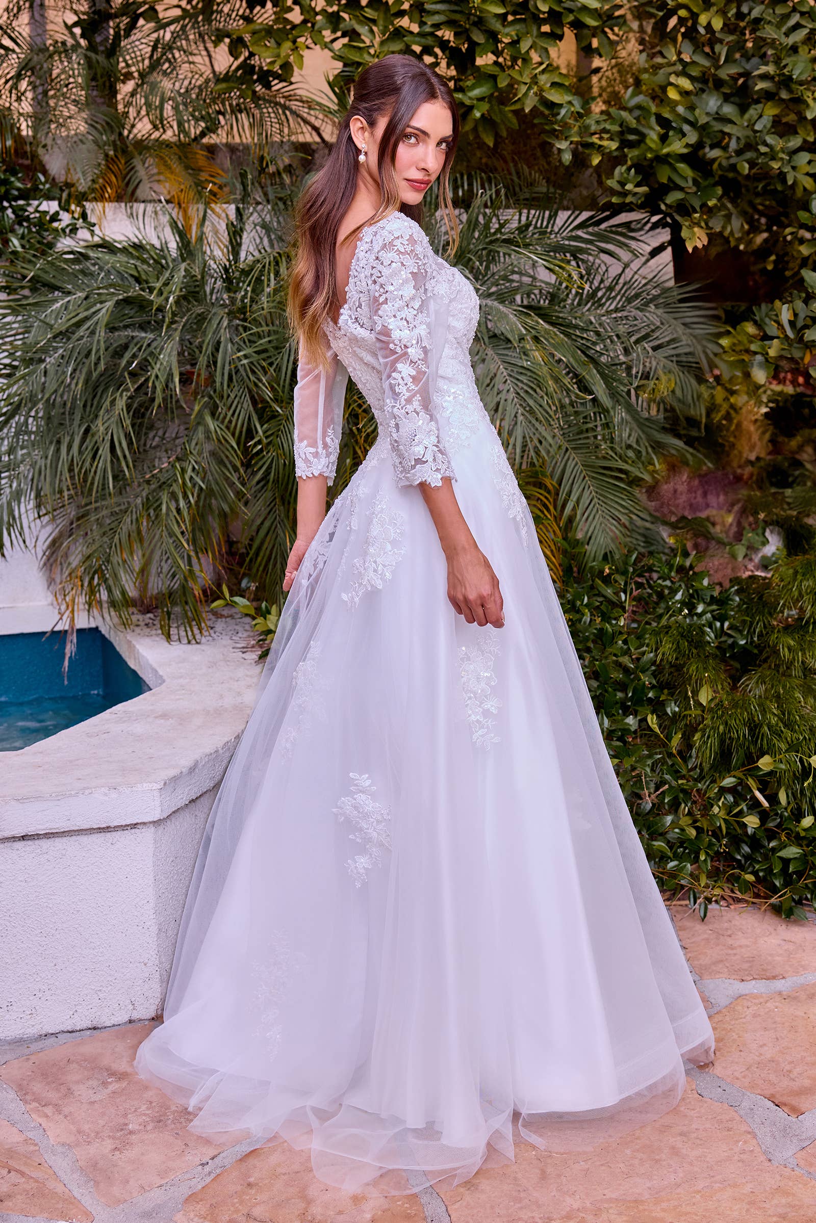 Off White Lace A-Line Bridal Gown with Illusion Neckline & 3/4 Sleeves for wholesale on Faire1