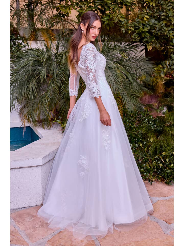 Off White Lace A-Line Bridal Gown with Illusion Neckline & 3/4 Sleeves for wholesale on Faire1