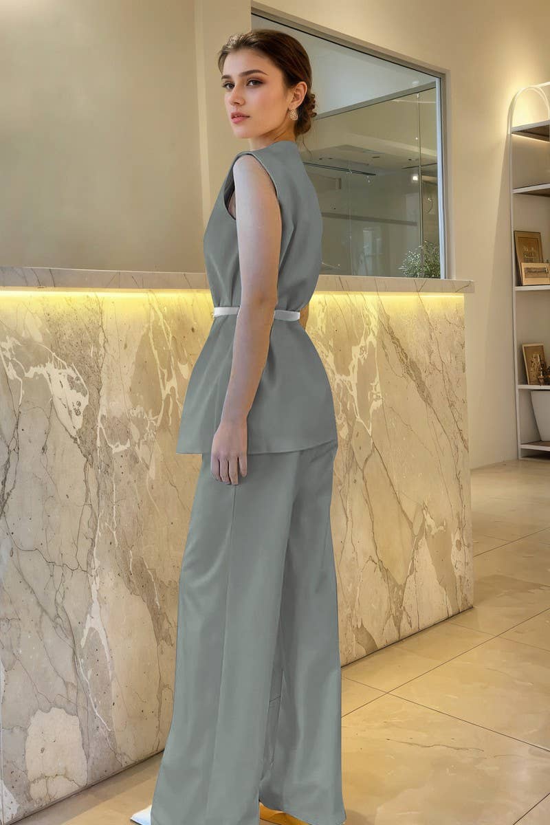 OLIVE CWSTB2156_SLEEVELESS CREW NECK TOP & WIDE-LEG PANTS SET for wholesale on Faire4