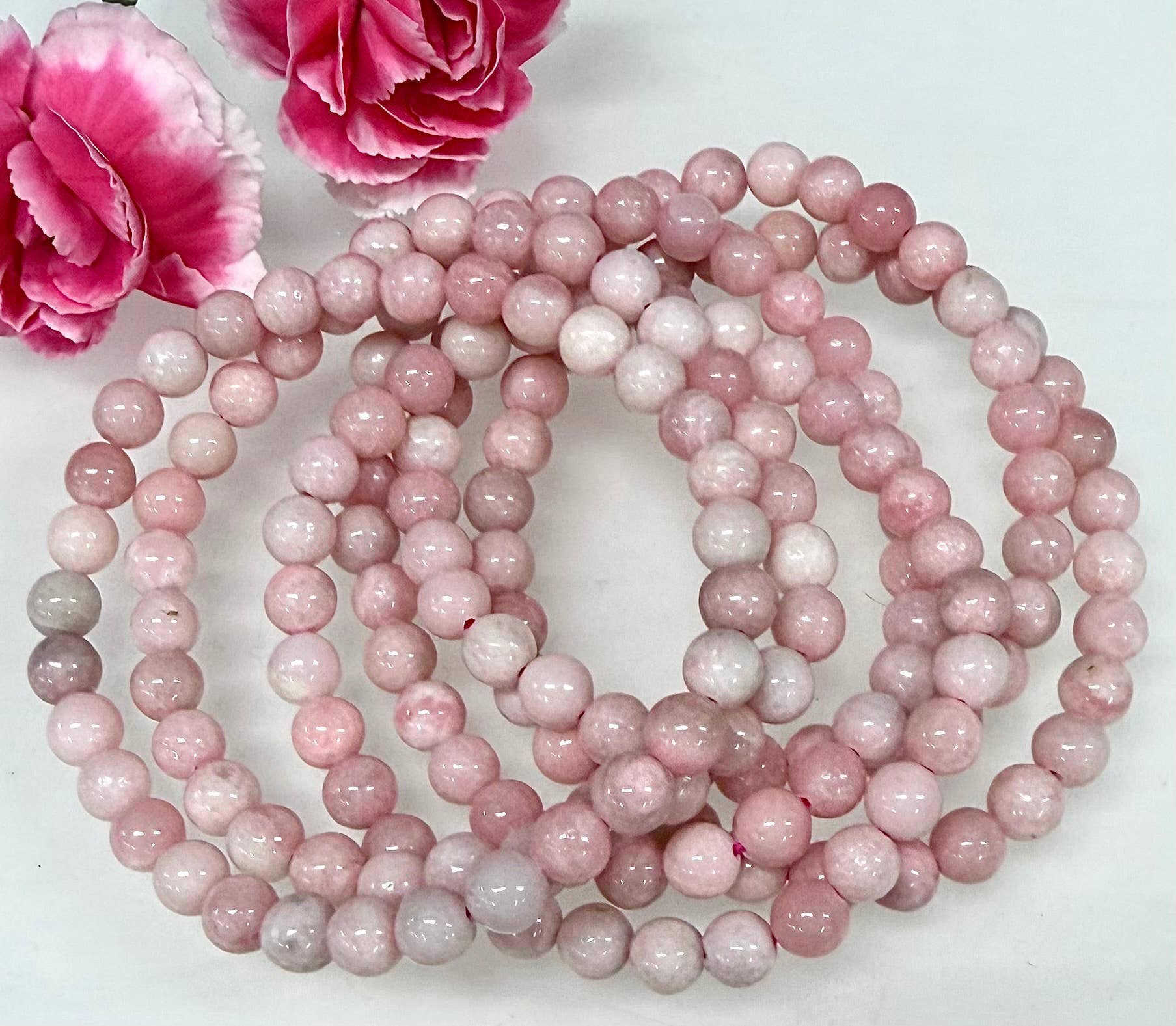 KayleeNYC – wholesale Pärlarmband – Naturlig rosa opal 6 mm 7,5” kristall stretch healing2