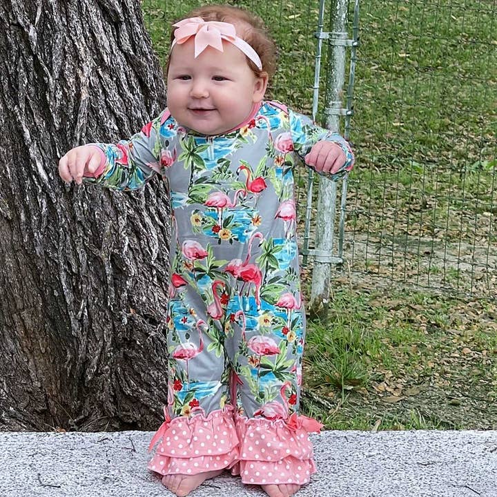 AnnLoren - Wholesale Jumpsuit - Baby - Pink Flamingo Floral Baby Girls Long Sleeve Spring Romper