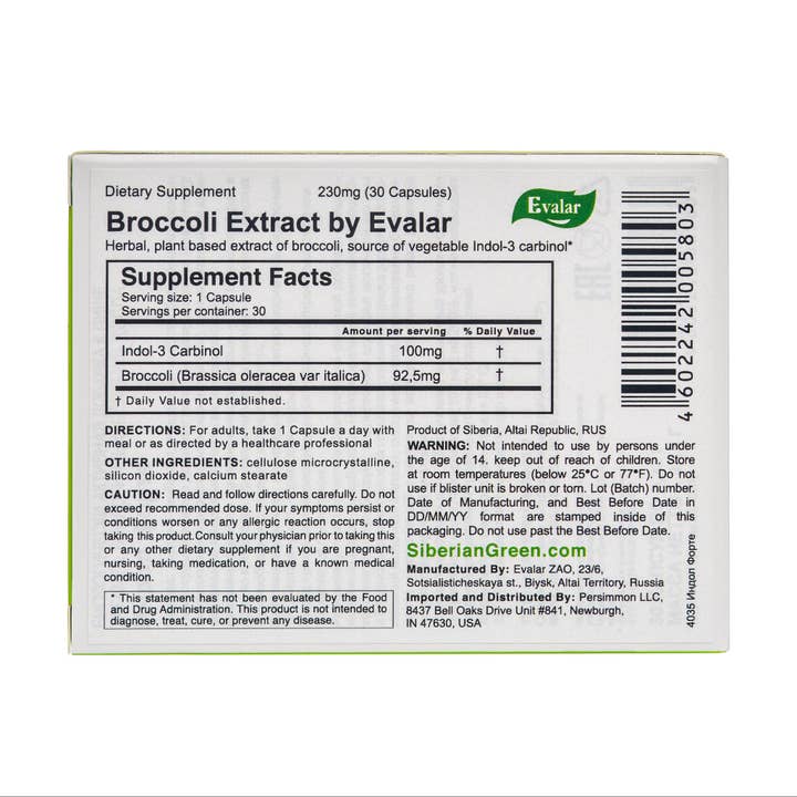 SiberianGreen - Venta al por mayor Suplementos/vitaminas para beber - Extracto de brócoli Indol-3 de Evalar, 30 cápsulas