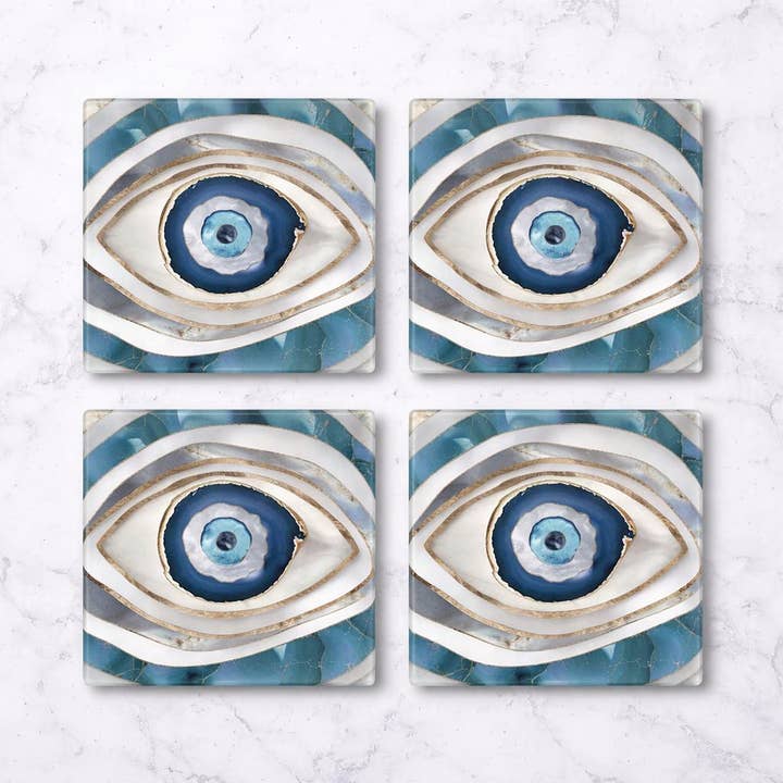 Evil Eye Glass Coaster Set of 4 Home Decor & Gifts for wholesale by The Tray girl & more
