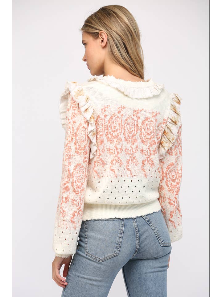 IVORY CORAL YELLOW RUFFLE TRIMMED FRONT BUTTON CLOSURE CARDIGAN FW15099 for wholesale on Faire