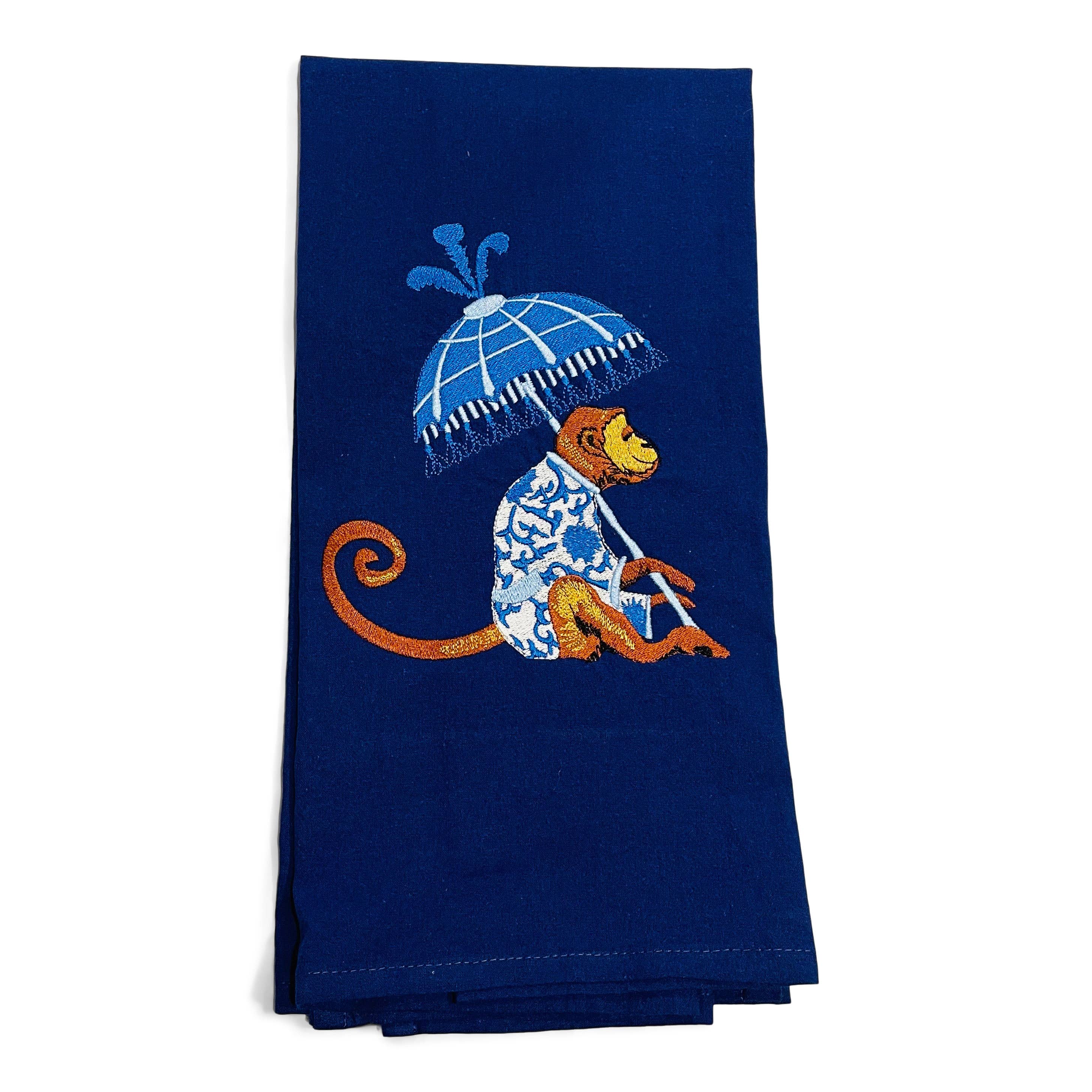Vibrantly Blue - Wholesale Tea Towel - Towel - Blue Monkey with Umbrella on navy1