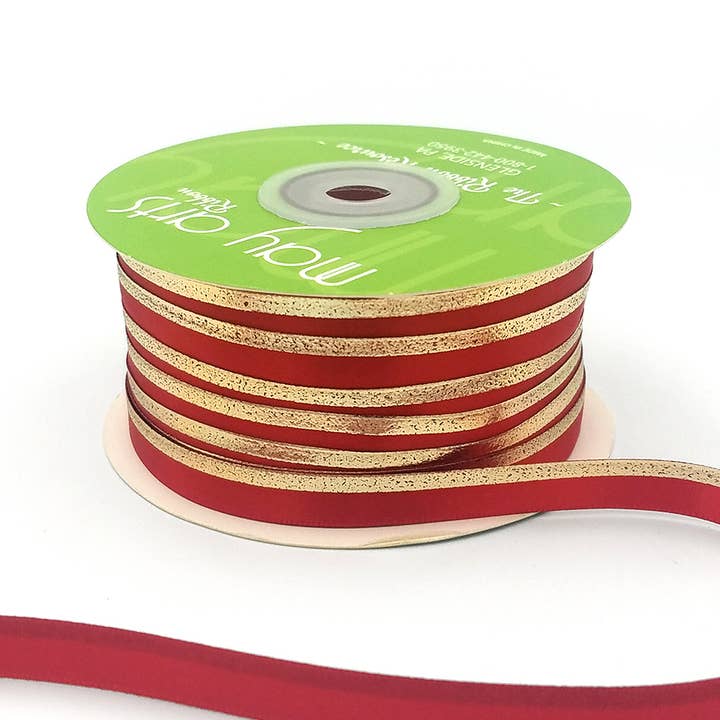 May Arts Ribbon - Wholesale Ribbon – Gift wrapping - ~3/8″ Red Single Face Satin Gold Foil Stripe Ribbon