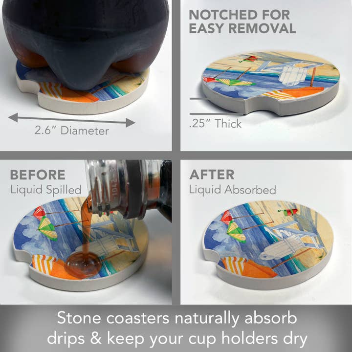 CounterArt/Highland Home/Thirstystone/CoasterStone – wholesale Car coaster – unisex – Beach Umbrellas Absorbent Stone Car Coaster 1 Pk3