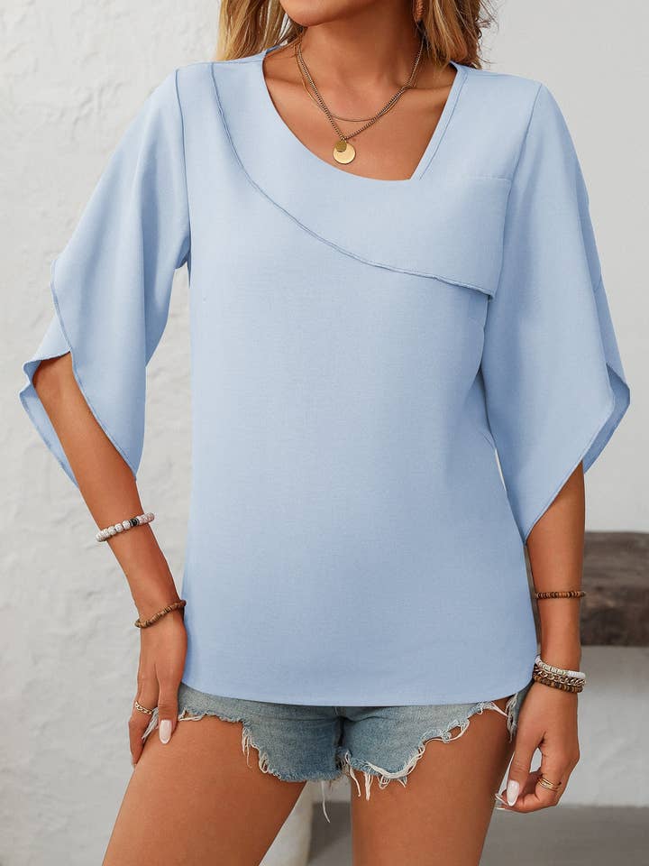 Lovesoft - Wholesale Blouse – Women’s - Women's Ruffled Split Sleeve V-Neck Casual Flowing Chiffon Top11