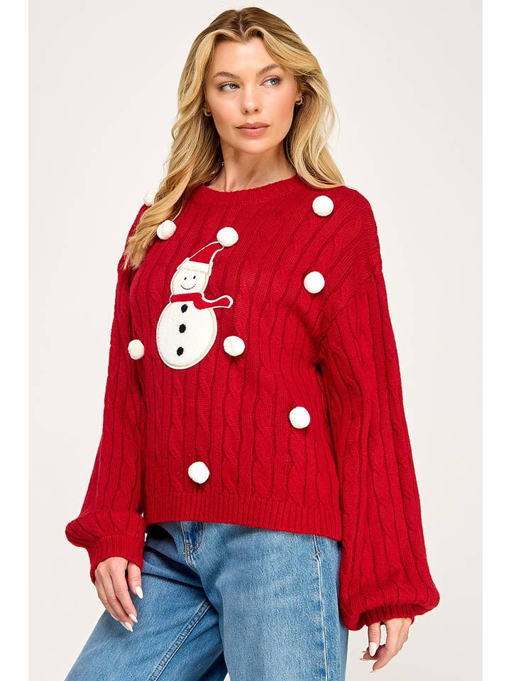Red VIT53092 - Snowman Pom Cable Knit Sweater for wholesale on Faire2