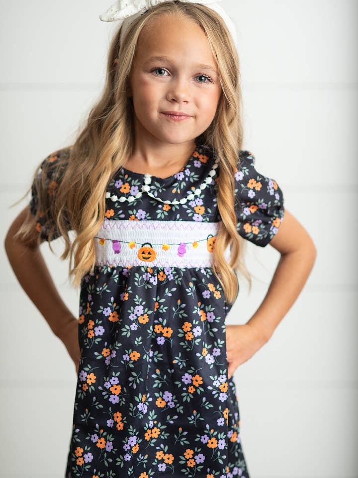 Wren & James - Wholesale Dress - Kids - Kids Halloween Pumpkin Candy Smocked Puff Sleeve Fall Dress