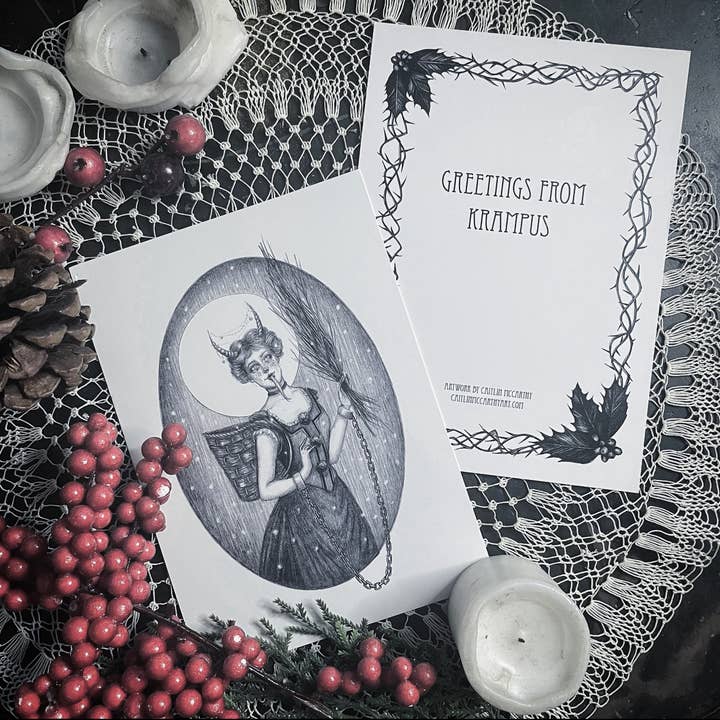 Caitlin McCarthy Art - Wholesale Season's Greetings Card - Lady Krampus Holiday Cards - 10 Double Sided 5x7" Cards1