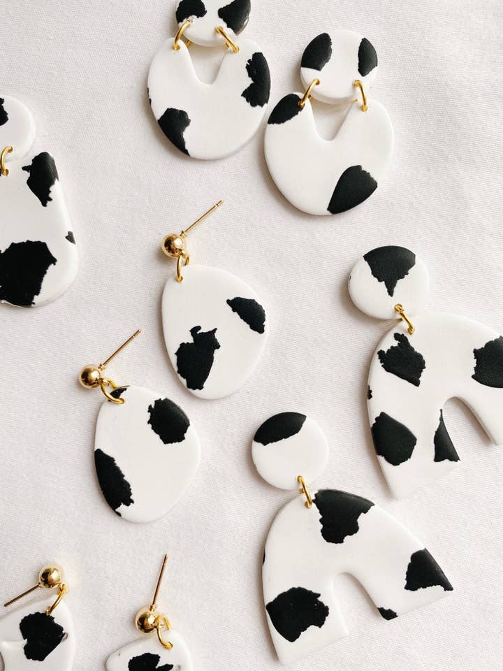 Cowprint Polymer Clay Earrings for wholesale by SageClayCo