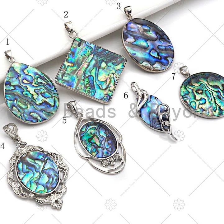 Paua Abalone pendant, Focal Abalone Pendant Silver Finish, Teardrop/oval/Round/Diamond Shape Focal Abalone Charm, sku#R41 for wholesale by BestBeads&Beyond