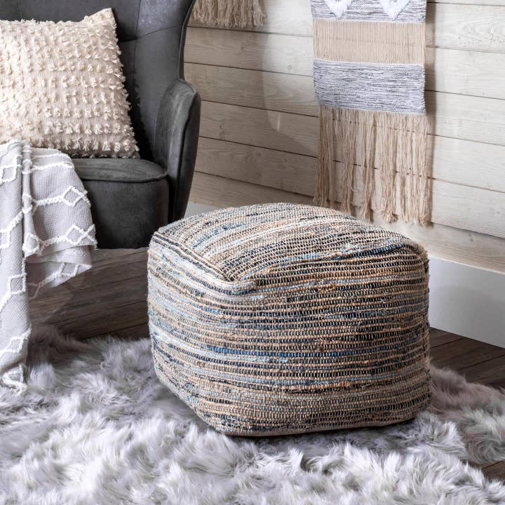 Natural Granada Knitted Casual Denim And Jute Filled Ottoman Pouf for wholesale on Faire
