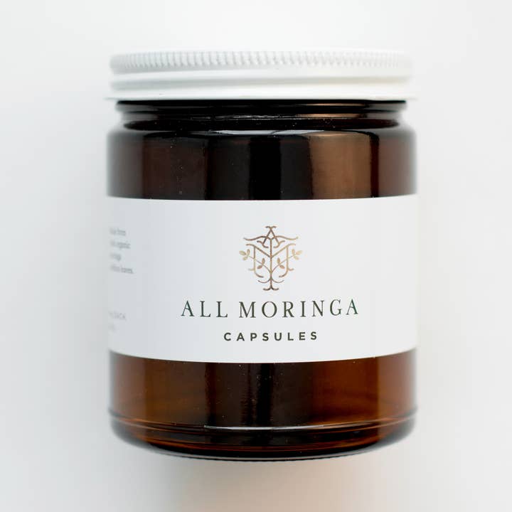 Organic Moringa Powder Capsules 120ct in a Glass Jar Non-GMO for wholesale by All Moringa