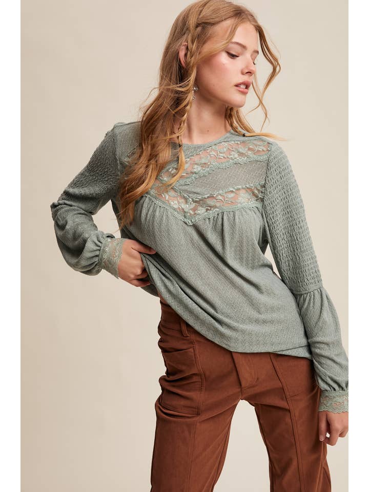 Sage Lace Yoke Textured Knit Blouse LT0978 for wholesale on Faire3
