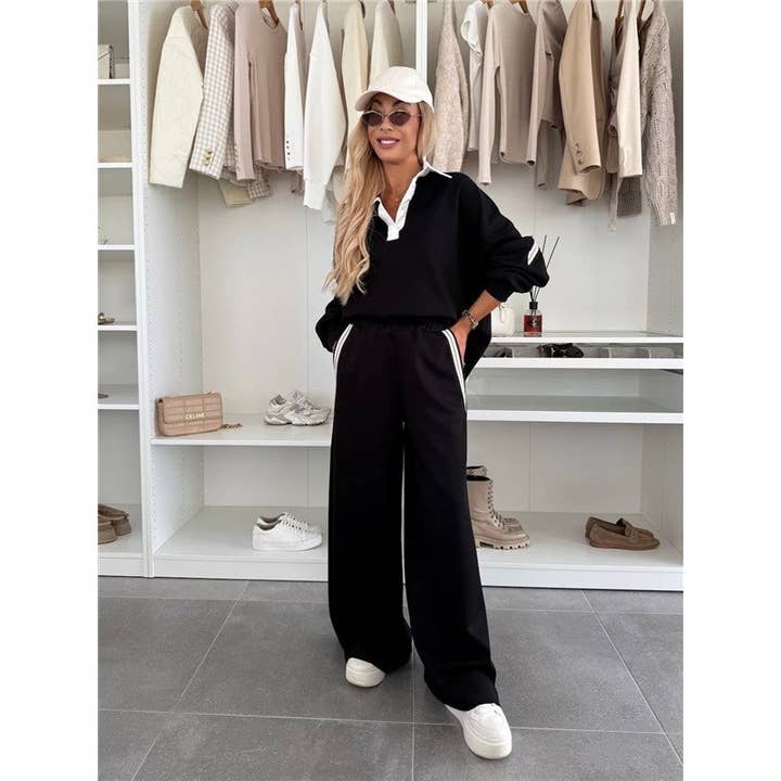 Conjunto de dos piezas con top de bloques de color y pantalones de pierna ancha para venta al por mayor de Mirazshoes WholeSale