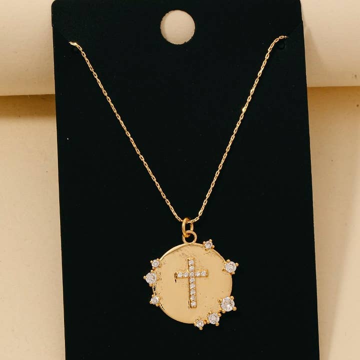 Gold Dipped Cz Cross Coin Pendant Necklace for wholesale by Anarchy Street