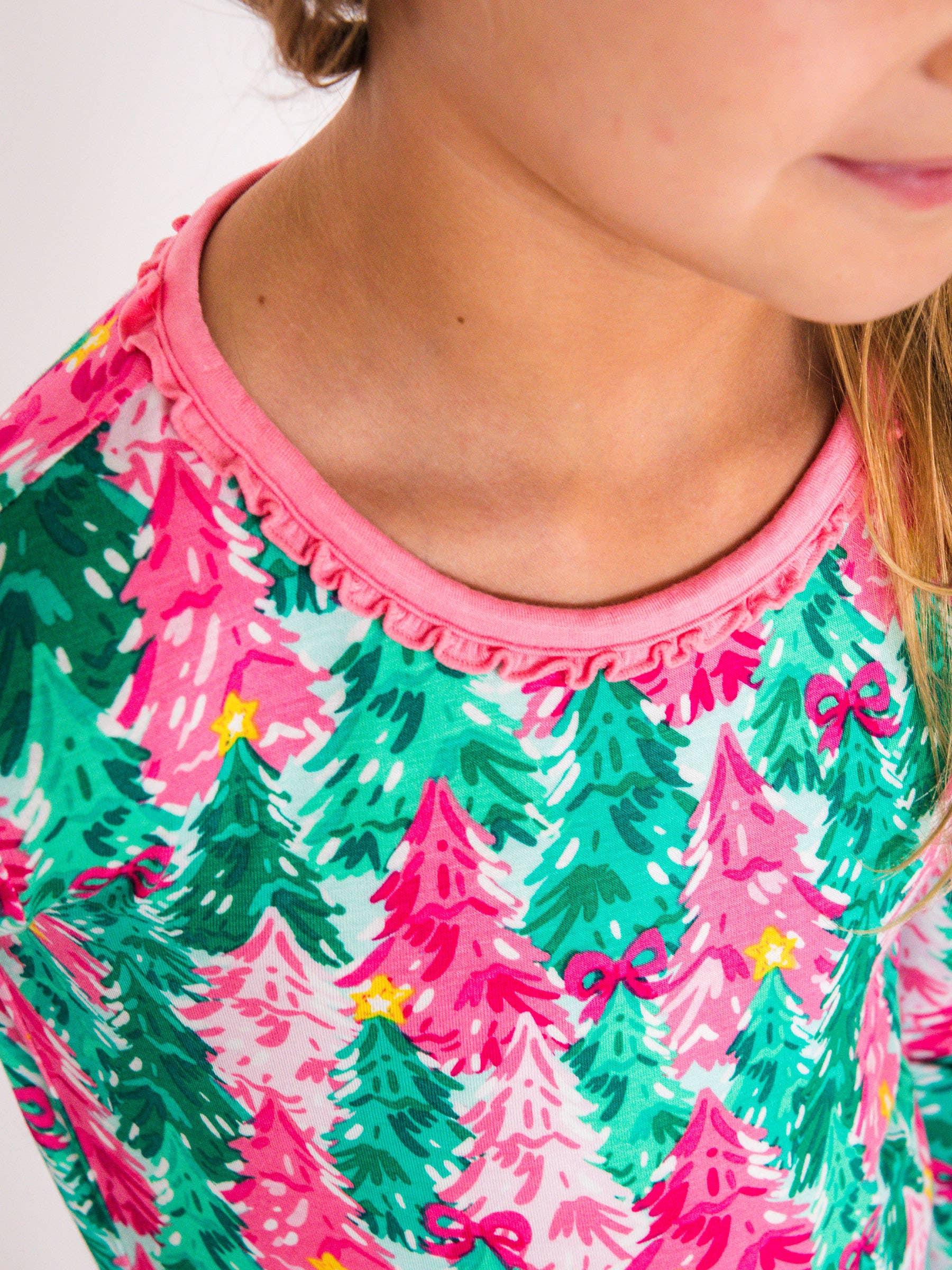 SoftSnooze™ Girls Bamboo Viscose Pink Jolly Grove Ruffle Long Sleeve Pajama Set for wholesale on Faire5