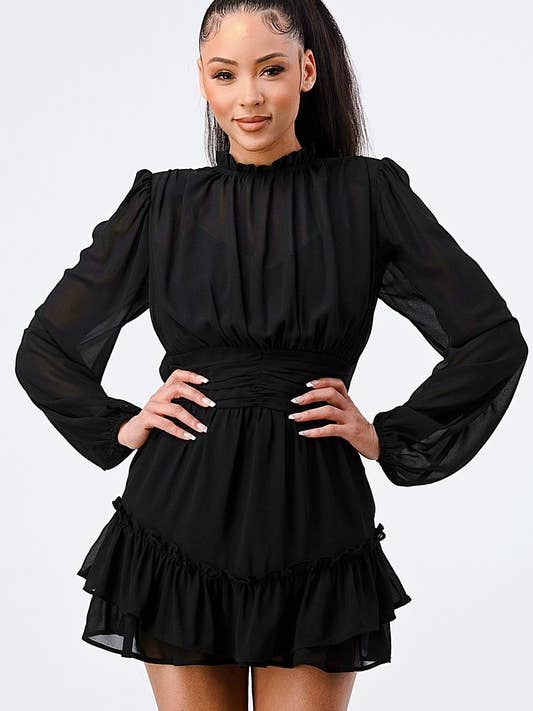 LUX PJUSKET MOCK HALS TALJE SHIRRING BOBLE KJOLE for engroshandel hos PRIVY