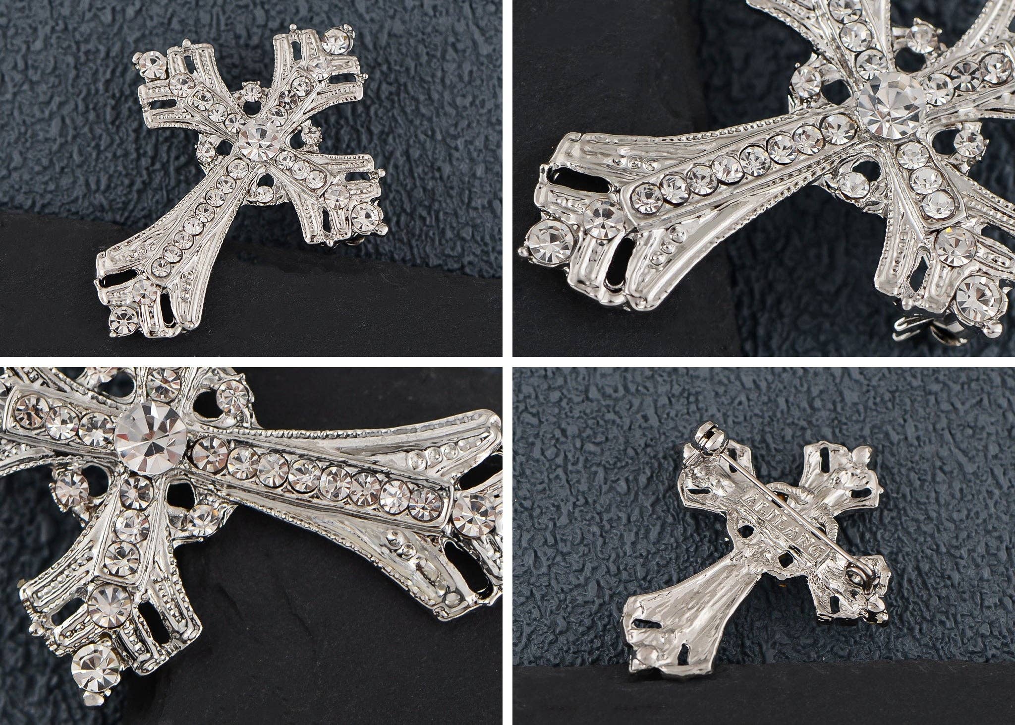 AK Brand - Vendita all'ingrosso Spille - Spilla a forma di croce religiosa argentata con strass51