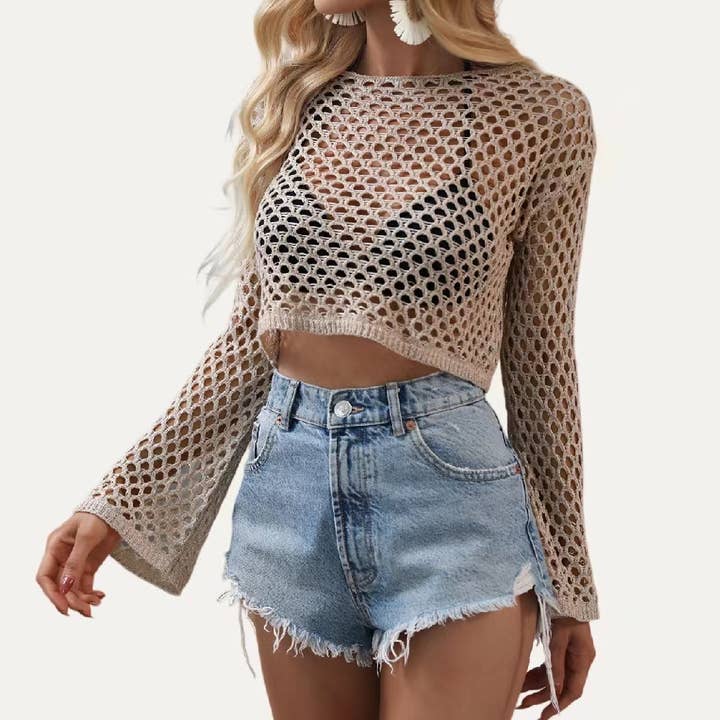 The Moment Collection - Wholesale Swim cover-up – Women’s - Beach Time Sheer Crochet Bell Sleeve Swim Cover Up Top4