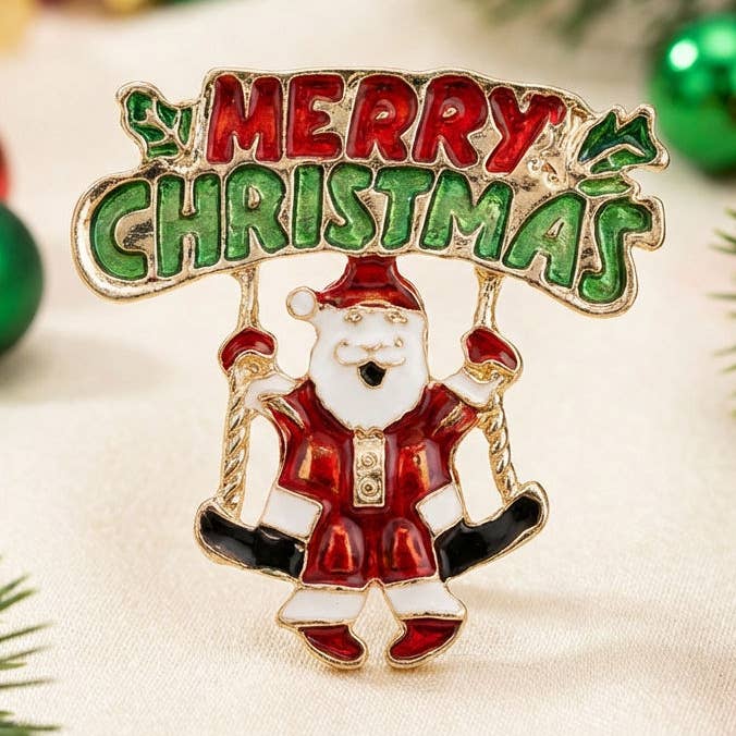 Brooch Merry Christmas Santa Swing Gold Pin for wholesale by PinktownUSA