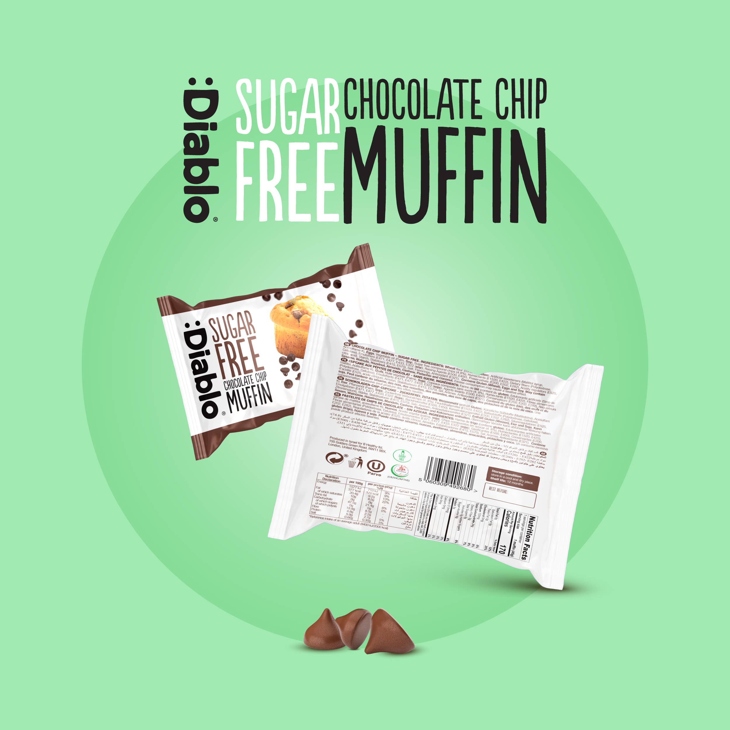 Diablo Sugar Free - Wholesale Chocolate Covered Sweets - Diablo Single Choclate 
Chip Muffin 45g1