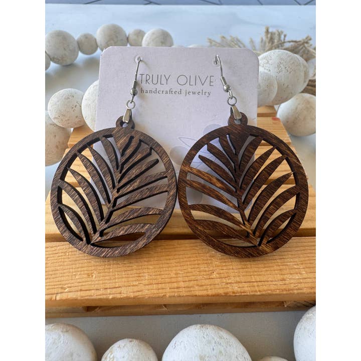 Leaf Shape Wood Dangle Earrings for wholesale by Truly Olive