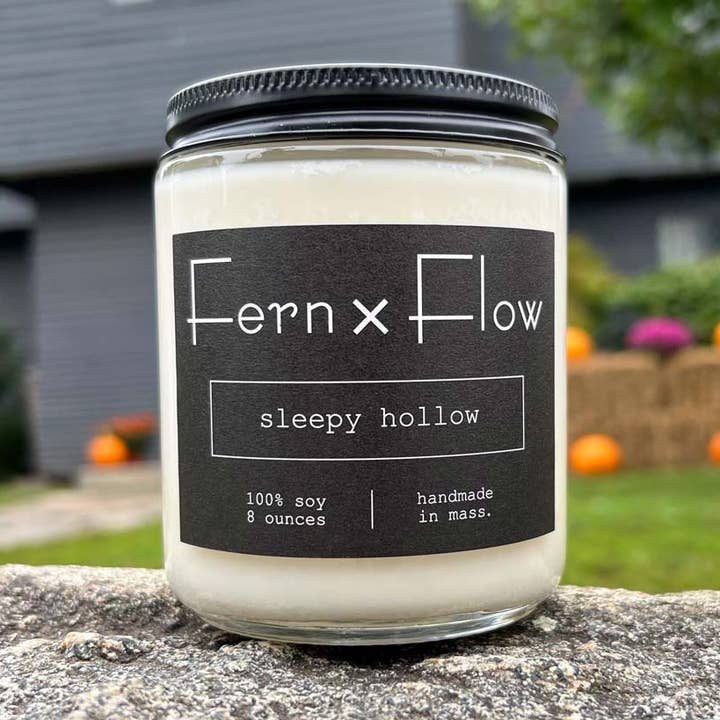 Sleepy Hollow Farmhouse Halloween Glass Soy Candle - 8oz for wholesale by Fern x Flow Soy Candles + Home Fragrance