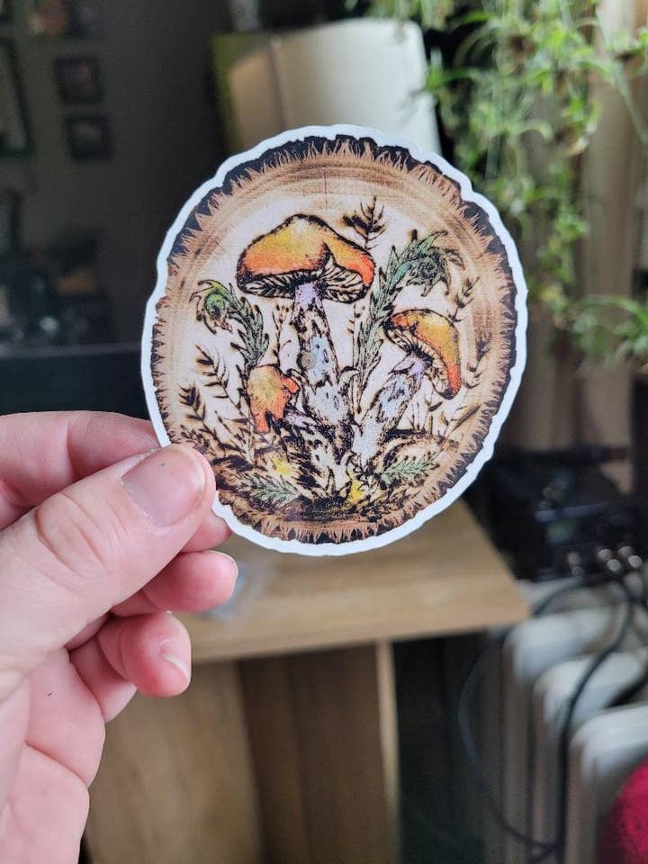 Neon Orange Mushroom Trio Round Vinyl Sticker for wholesale by Bear & Buffalo