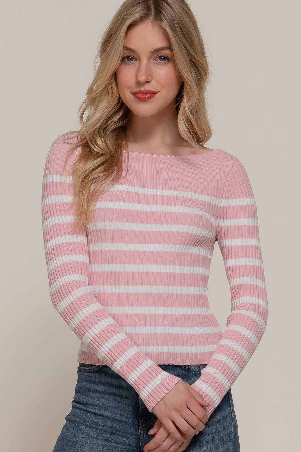Active Basic | Active USA - Wholesale Knit Sweater - Women's - Long Sleeve Boat Neck Stripe Sweater16