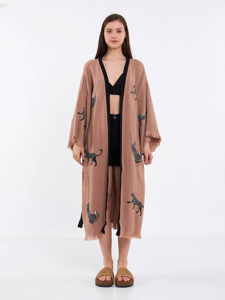 Cream Sandy Rose Leopard Striped Robe Animal Kimono Robe for wholesale by Yaz Concepts